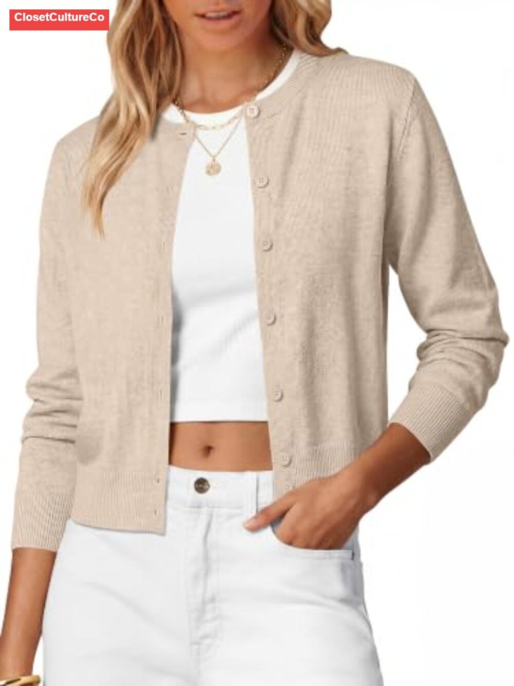 Cropped Cardigan Sweater Button Up Crew Neck Long Sleeve